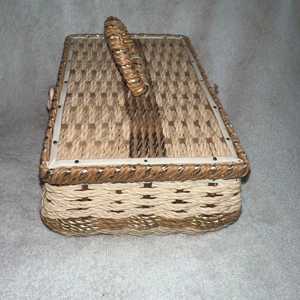 Vintage Braided Woven Wicker Sewing Basket Box Green Satin Lined Japan MCM